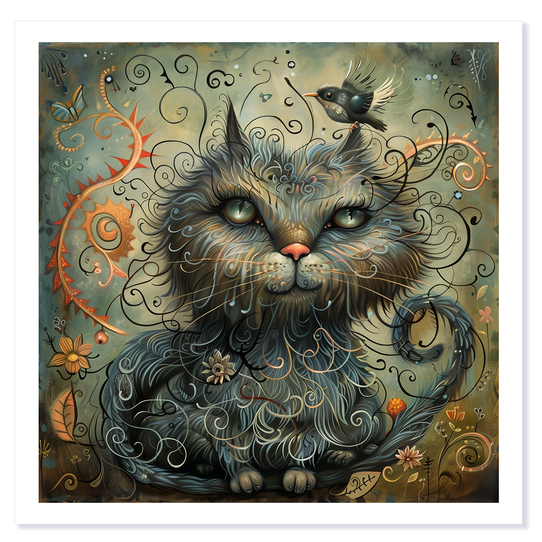 Old Gentle Cat & Birdie Art Card